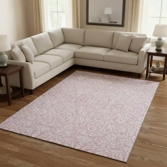 Pink And Ivory Damask Washable Area Rug With UV Protection Photo 2