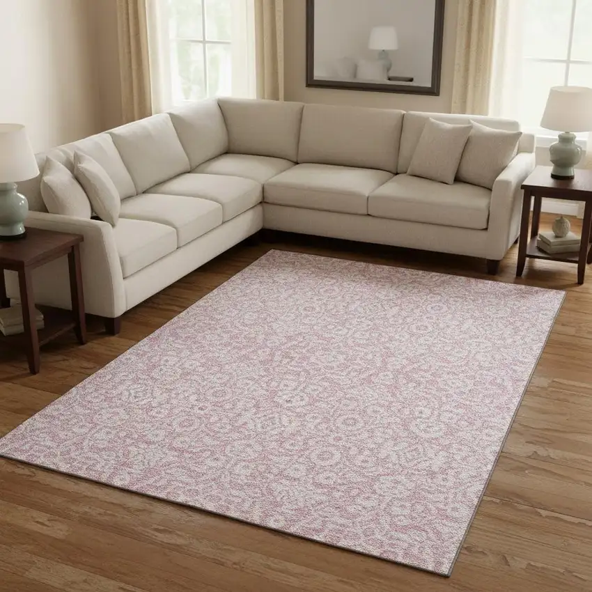 Pink And Ivory Damask Washable Area Rug With UV Protection Photo 2