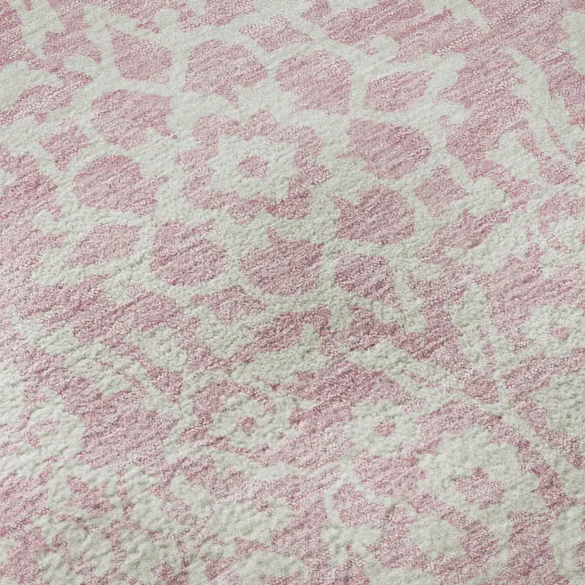 Pink And Ivory Damask Washable Area Rug With UV Protection Photo 9