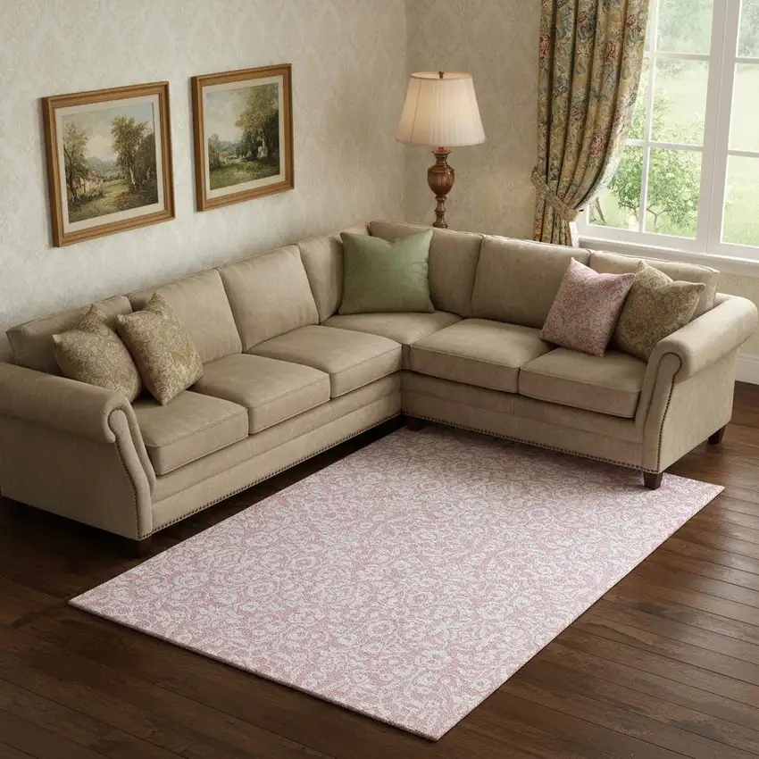 Pink And Ivory Damask Washable Area Rug With UV Protection Photo 1