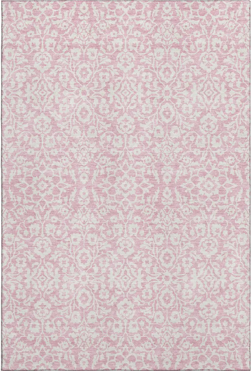 Pink And Ivory Damask Washable Area Rug With UV Protection Photo 1