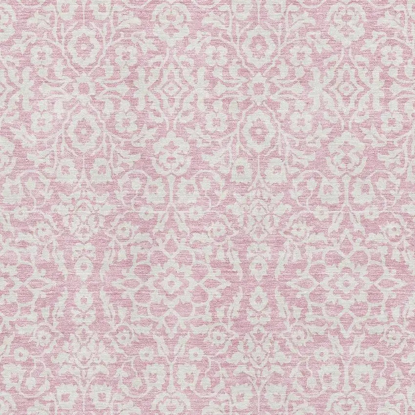 Pink And Ivory Damask Washable Area Rug With UV Protection Photo 3