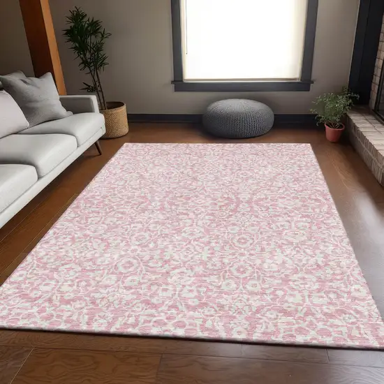 Pink And Ivory Damask Washable Area Rug With UV Protection Photo 6