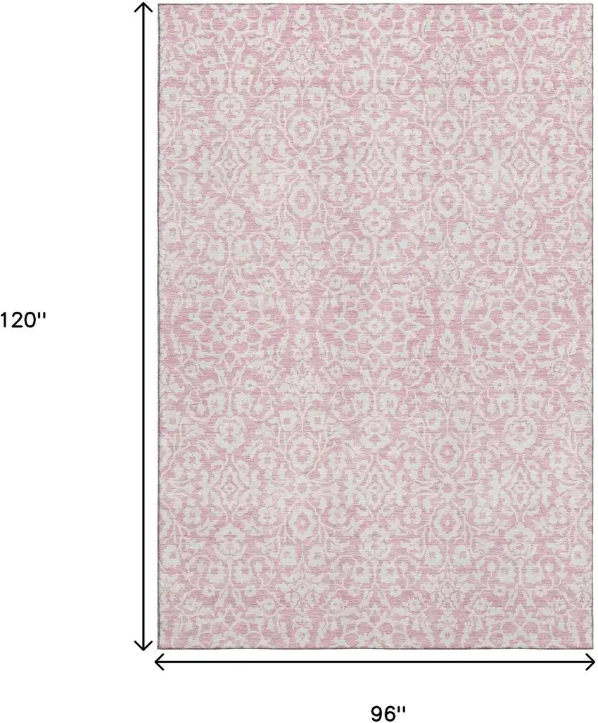 Pink And Ivory Damask Washable Area Rug With UV Protection Photo 3