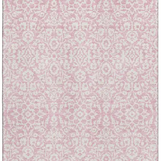 Pink And Ivory Damask Washable Area Rug With UV Protection Photo 4