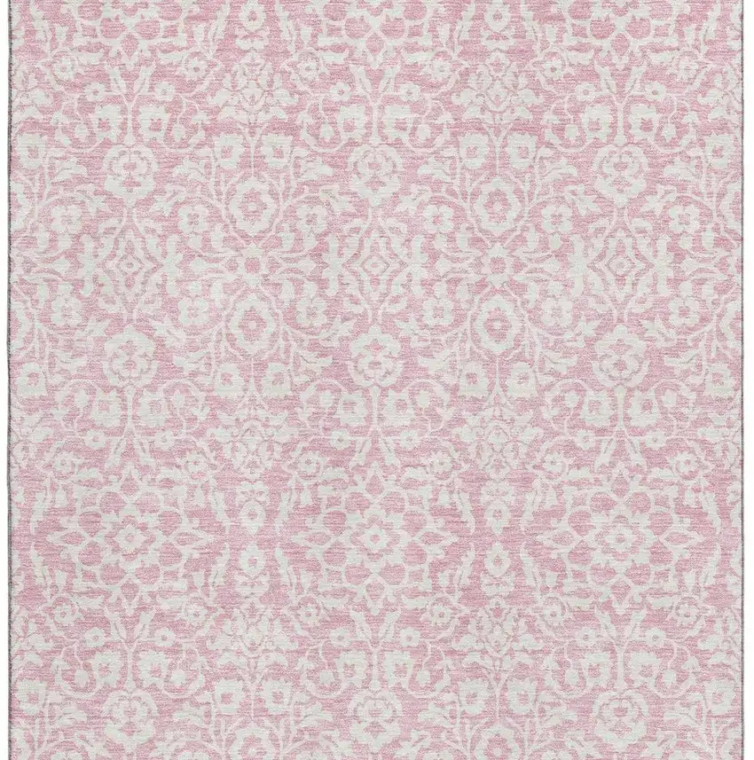 Pink And Ivory Damask Washable Area Rug With UV Protection Photo 4