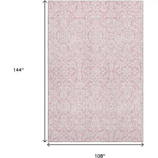 Pink And Ivory Damask Washable Area Rug With UV Protection Photo 3