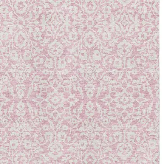 Pink And Ivory Damask Washable Area Rug With UV Protection Photo 3