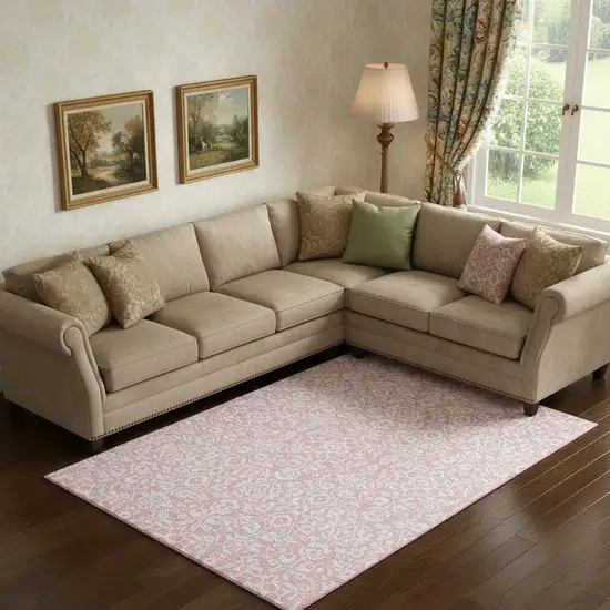 Pink And Ivory Damask Washable Area Rug With UV Protection Photo 1