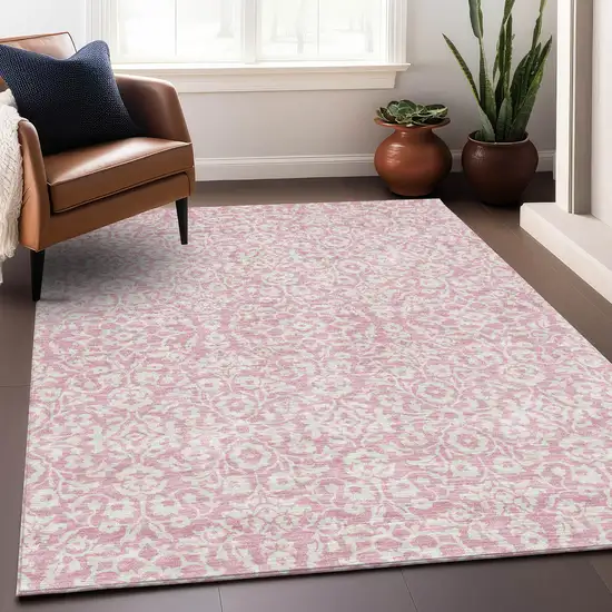 Pink And Ivory Damask Washable Area Rug With UV Protection Photo 5