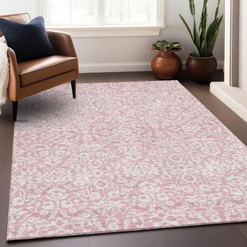 Pink And Ivory Damask Washable Area Rug With UV Protection Photo 5