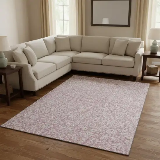 Pink And Ivory Damask Washable Area Rug With UV Protection Photo 2