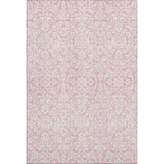 Pink And Ivory Damask Washable Area Rug With UV Protection Photo 1