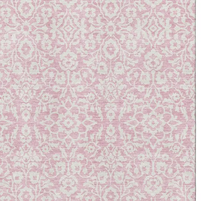 Pink And Ivory Damask Washable Area Rug With UV Protection Photo 3