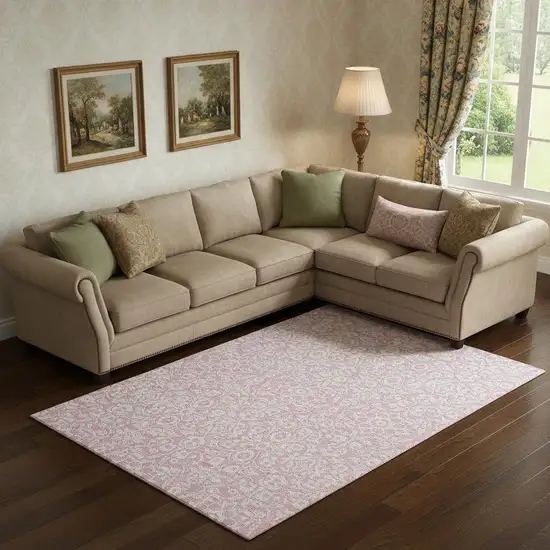 Pink And Ivory Damask Washable Area Rug With UV Protection Photo 1