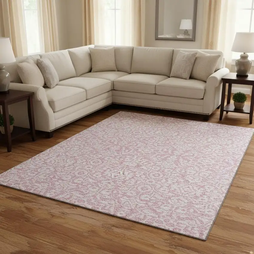 Pink And Ivory Damask Washable Area Rug With UV Protection Photo 2