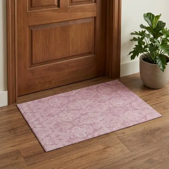 Pink And Ivory Damask Washable Area Rug With UV Protection Photo 1