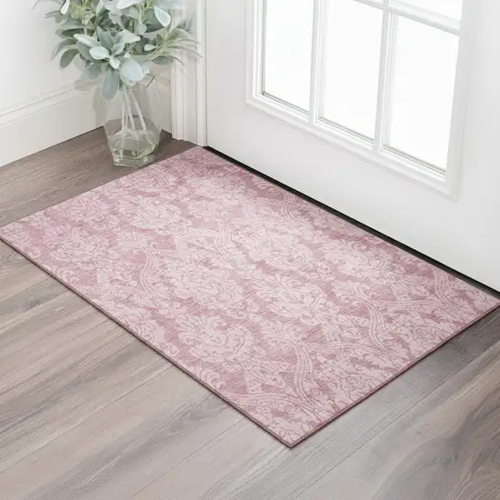 Pink And Ivory Damask Washable Area Rug With UV Protection Photo 2