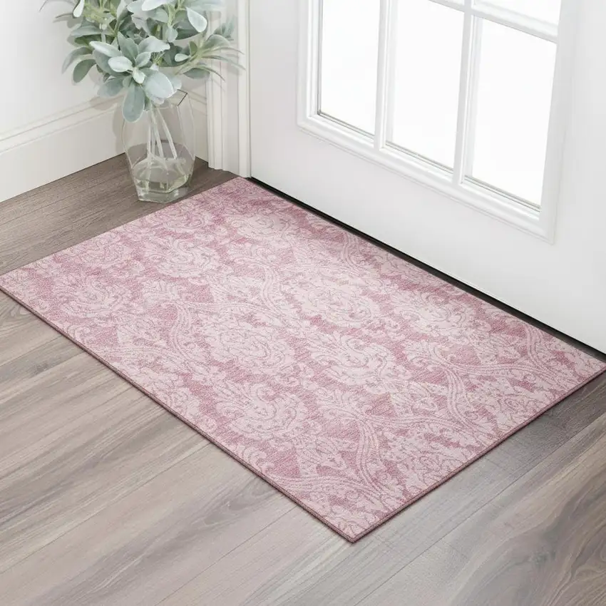 Pink And Ivory Damask Washable Area Rug With UV Protection Photo 2