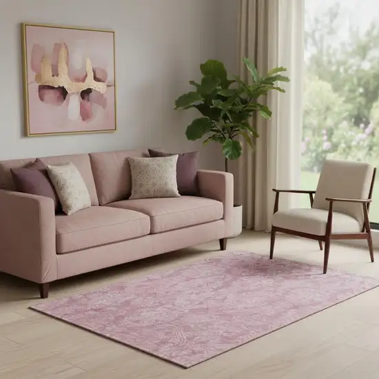 Pink And Ivory Damask Washable Area Rug With UV Protection Photo 2