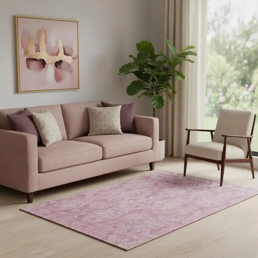 Pink And Ivory Damask Washable Area Rug With UV Protection Photo 2