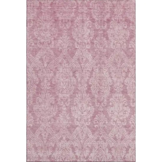 Pink And Ivory Damask Washable Area Rug With UV Protection Photo 1