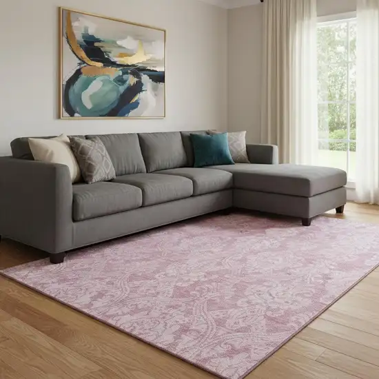 Pink And Ivory Damask Washable Area Rug With UV Protection Photo 2