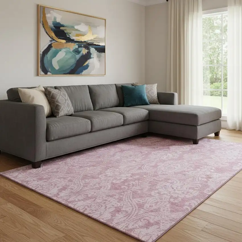 Pink And Ivory Damask Washable Area Rug With UV Protection Photo 2