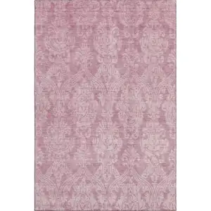 Photo of Pink And Ivory Damask Washable Area Rug With UV Protection