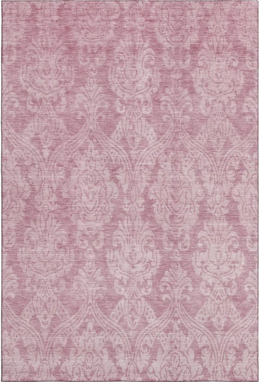 Pink And Ivory Damask Washable Area Rug With UV Protection Photo 1
