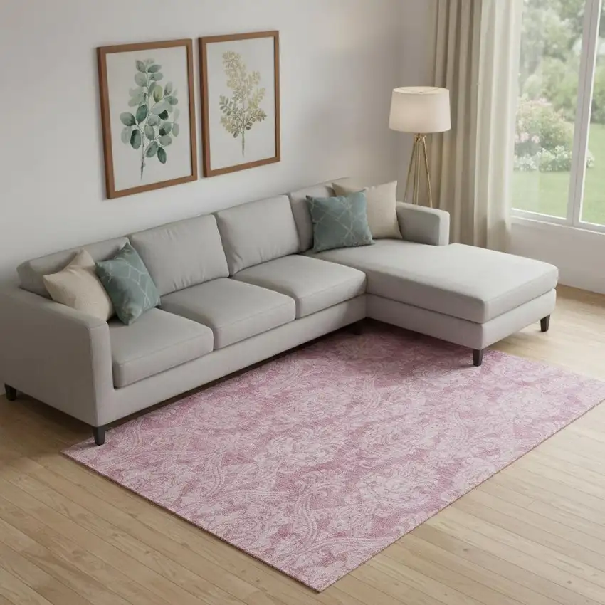 Pink And Ivory Damask Washable Area Rug With UV Protection Photo 2