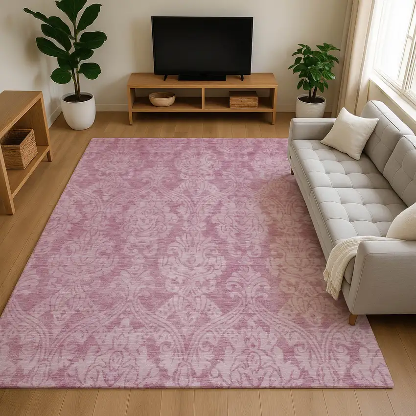 Pink And Ivory Damask Washable Area Rug With UV Protection Photo 4