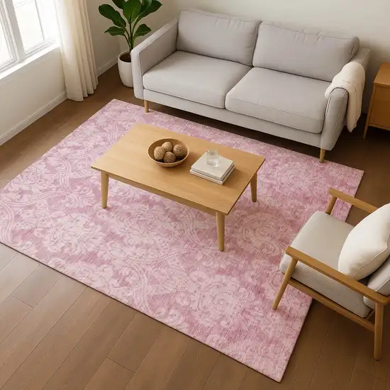Pink And Ivory Damask Washable Area Rug With UV Protection Photo 5