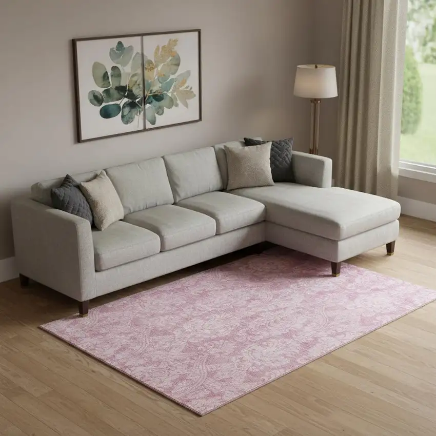 Pink And Ivory Damask Washable Area Rug With UV Protection Photo 2