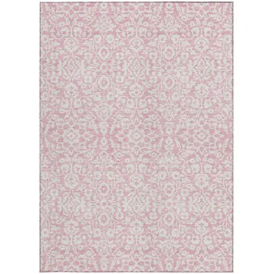 Pink And Ivory Damask Washable Indoor Outdoor Area Rug Photo 5