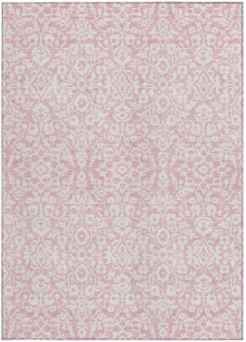 Pink And Ivory Damask Washable Indoor Outdoor Area Rug Photo 5