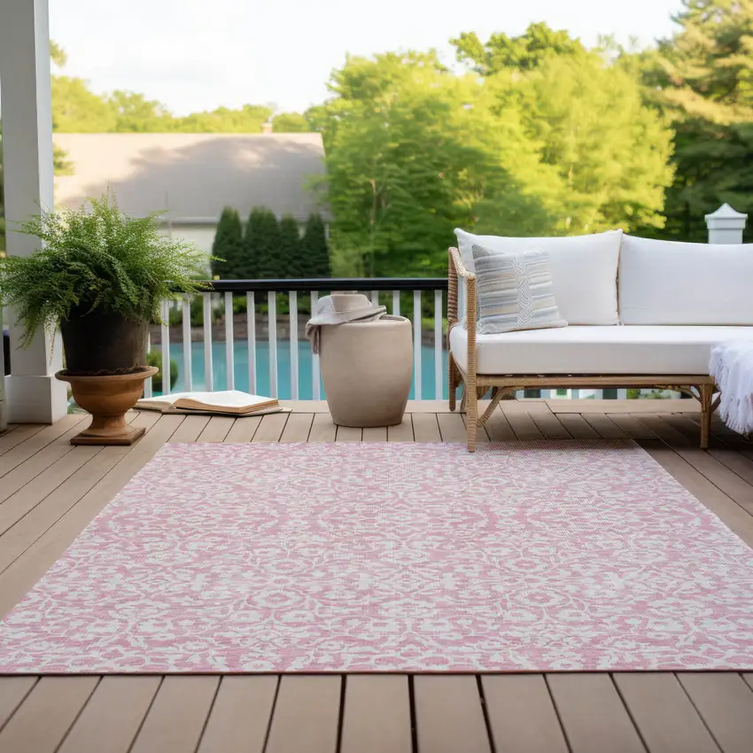 Pink And Ivory Damask Washable Indoor Outdoor Area Rug Photo 9