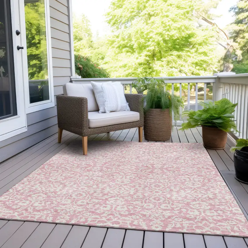 Pink And Ivory Damask Washable Indoor Outdoor Area Rug Photo 7