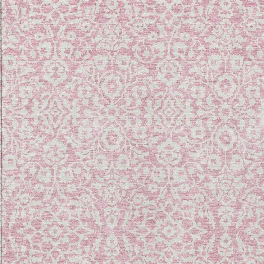 Pink And Ivory Damask Washable Indoor Outdoor Area Rug Photo 5
