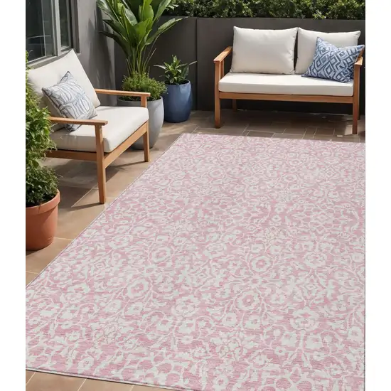 Pink And Ivory Damask Washable Indoor Outdoor Area Rug Photo 1