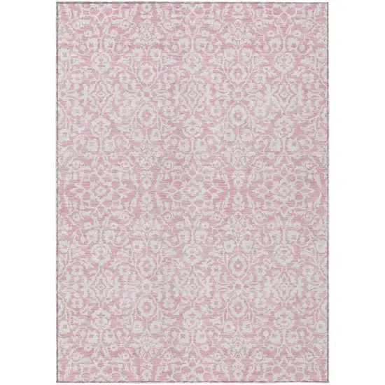 Pink And Ivory Damask Washable Indoor Outdoor Area Rug Photo 2