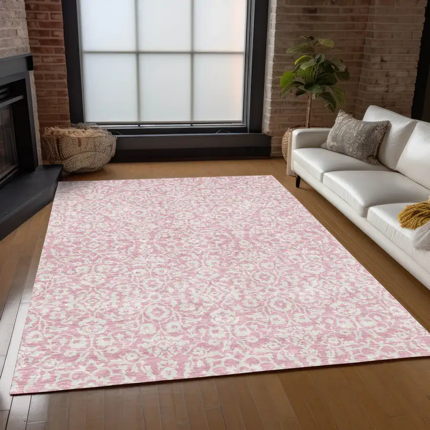 Pink And Ivory Damask Washable Indoor Outdoor Area Rug Photo 9