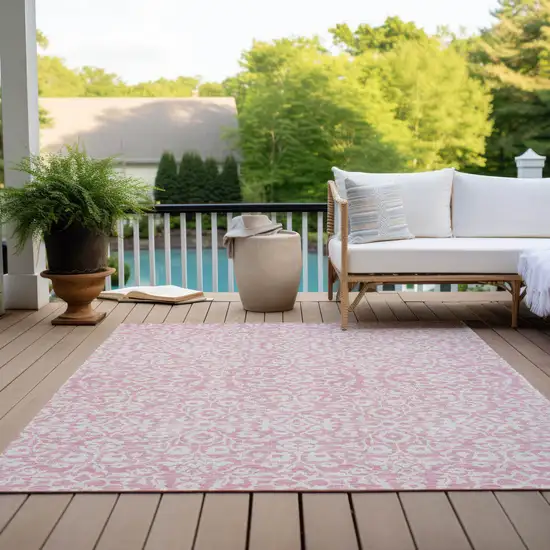 Pink And Ivory Damask Washable Indoor Outdoor Area Rug Photo 9