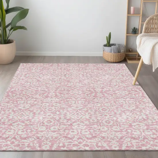 Pink And Ivory Damask Washable Indoor Outdoor Area Rug Photo 8