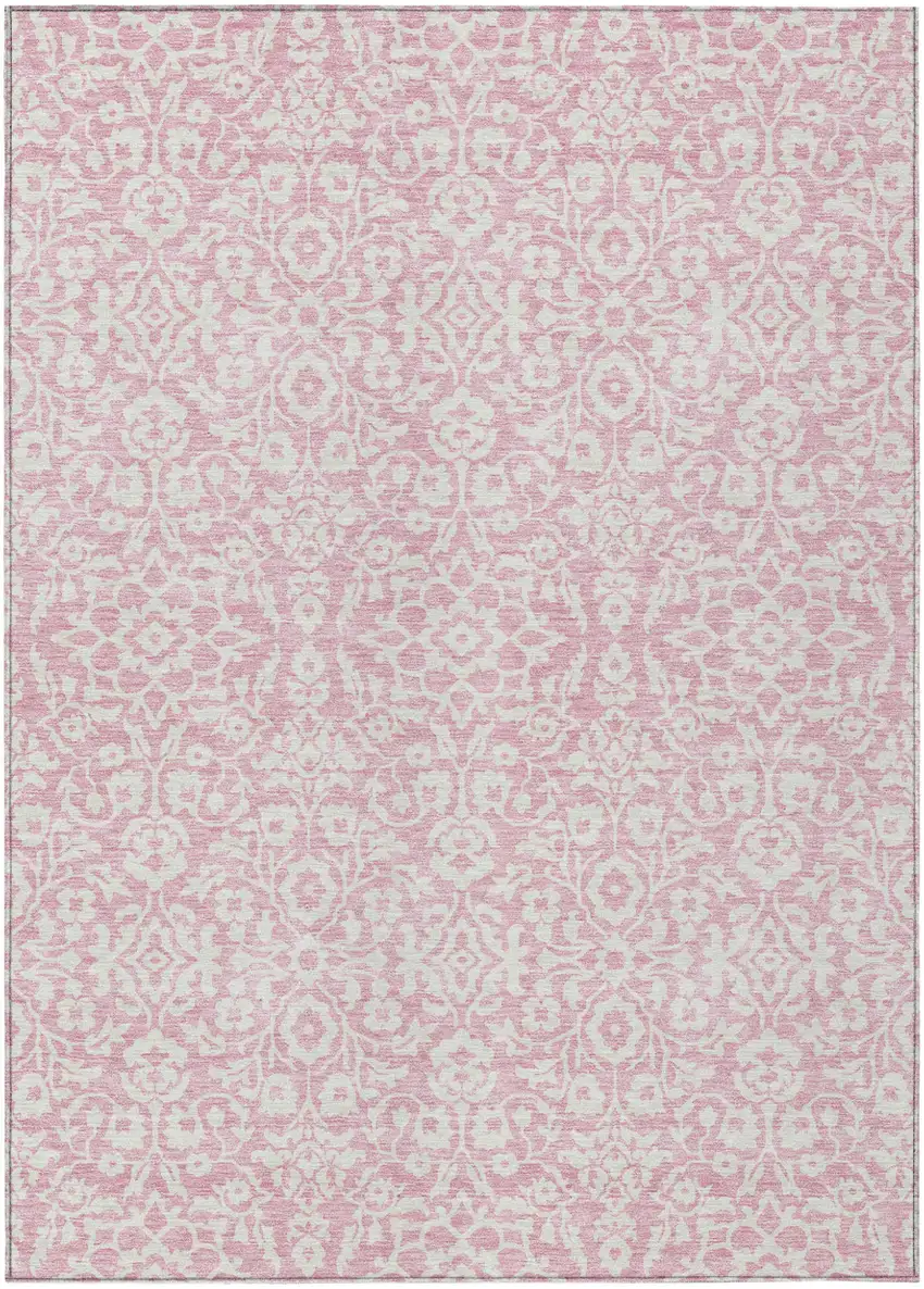 Pink And Ivory Damask Washable Indoor Outdoor Area Rug Photo 2