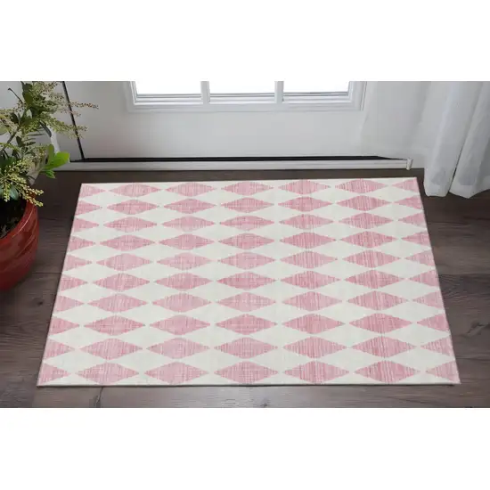 Pink And Ivory Diamond Washable Area Rug With UV Protection Photo 2