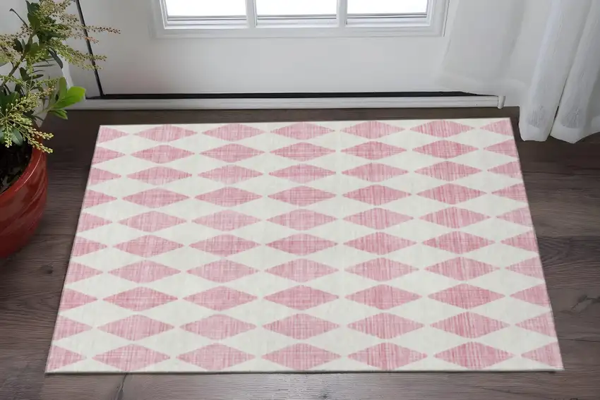 Pink And Ivory Diamond Washable Area Rug With UV Protection Photo 2