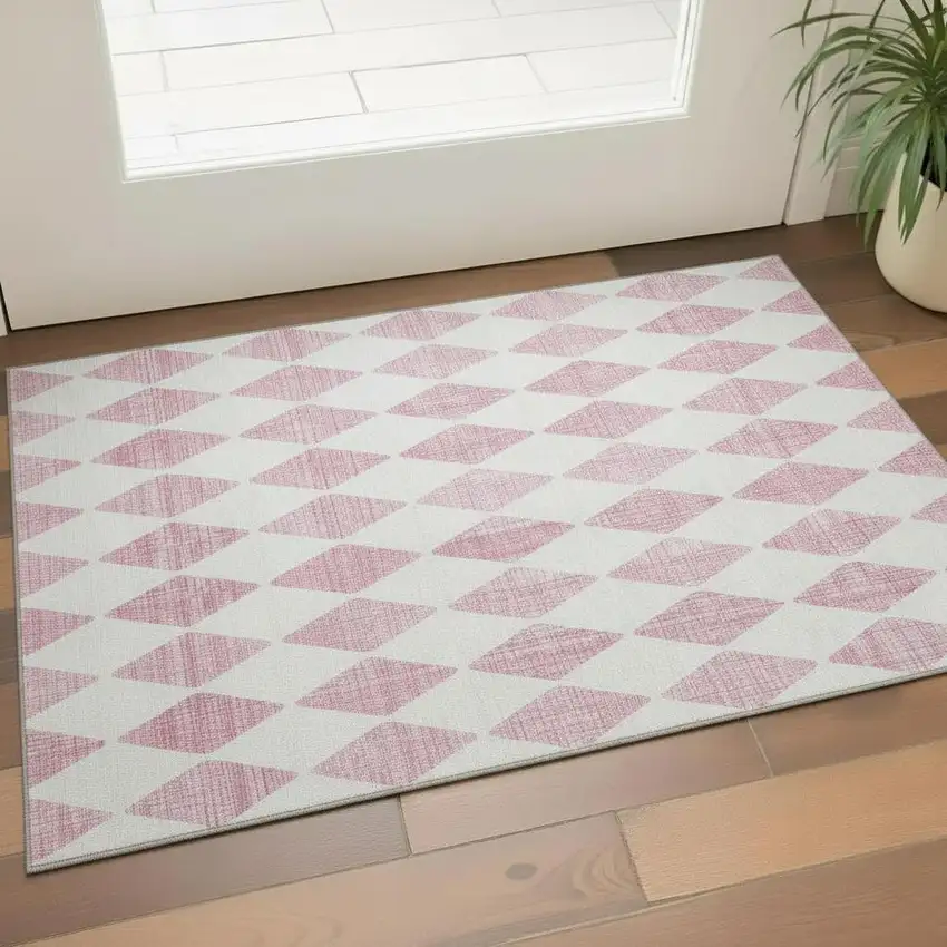 Pink And Ivory Diamond Washable Area Rug With UV Protection Photo 1