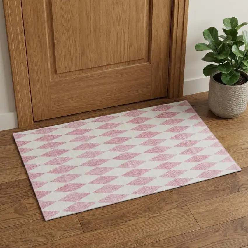 Pink And Ivory Diamond Washable Area Rug With UV Protection Photo 1