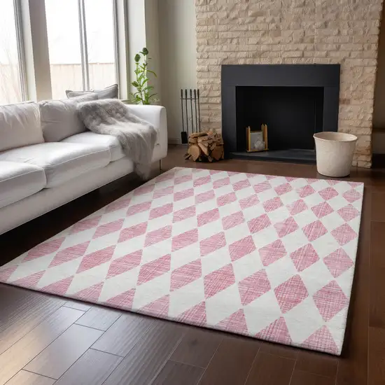 Pink And Ivory Diamond Washable Area Rug With UV Protection Photo 6
